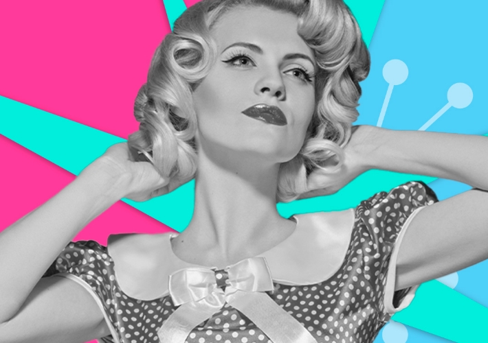 black and white picture of a blonde woman with a colorful background