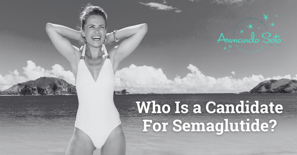 A woman is wearing a white swimsuit on the beach with her arms up and the words "Who Is A Candidate For Semaglutide" are next to her with a beach in the background. (model)