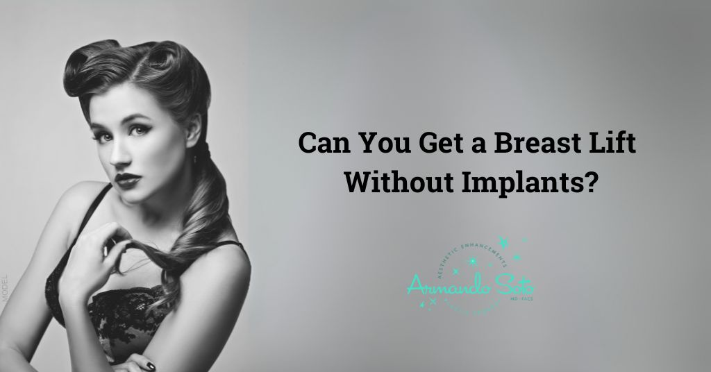 A woman in a pin-up style outfit and vintage hairstyle poses for the camera. Text on the side of the image: Can You Get a Breast Lift Without Implants?